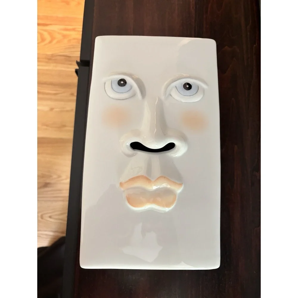 VTG 3D Female Girl Lady Face White Ceramic Porcelain Tissue Box Cover Holder